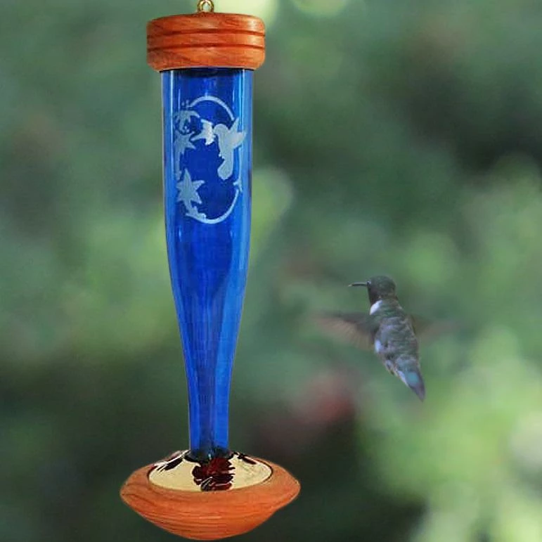 Crystal Etched Hummingbird Feeder- Clear Or Cobalt 1 Crystal Etched Hummingbird Feeder- Clear Or Cobalt