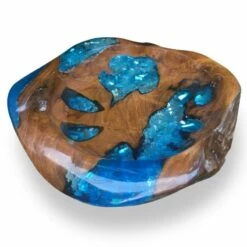 Large Teak Wood Bowl With Glass Inlay