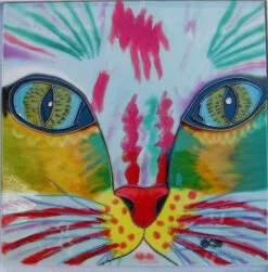 Ceramic Art Tile- Bright Cat Face- 2 Sizes