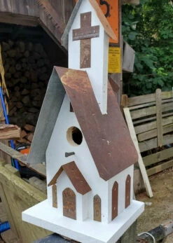 Church Birdhouse In Barn Wood & Vintage Tin